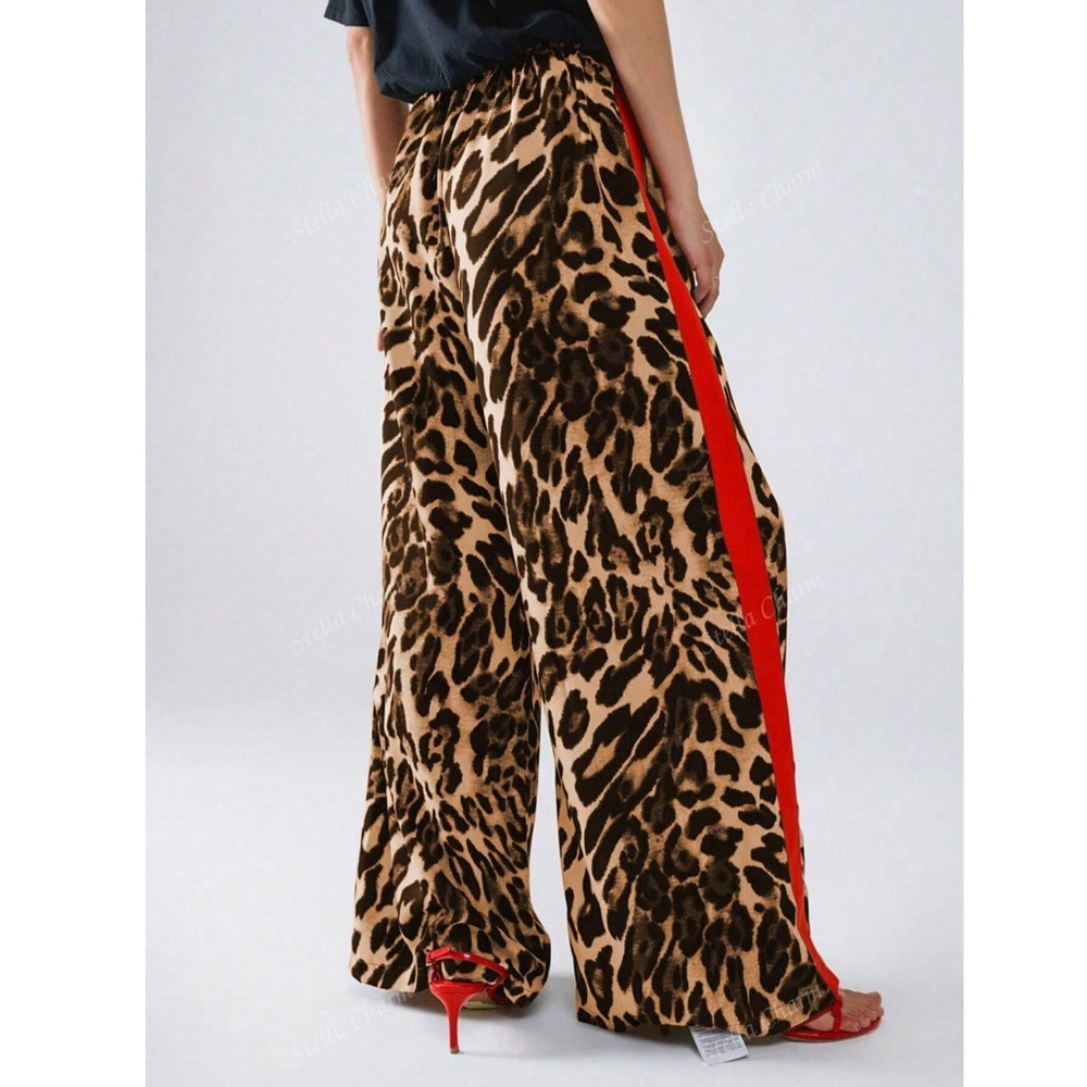 Leopard Cheetah Animal Print Red Stripe Faux Tie Front Loose Wide Pants - Picture 2 of 8